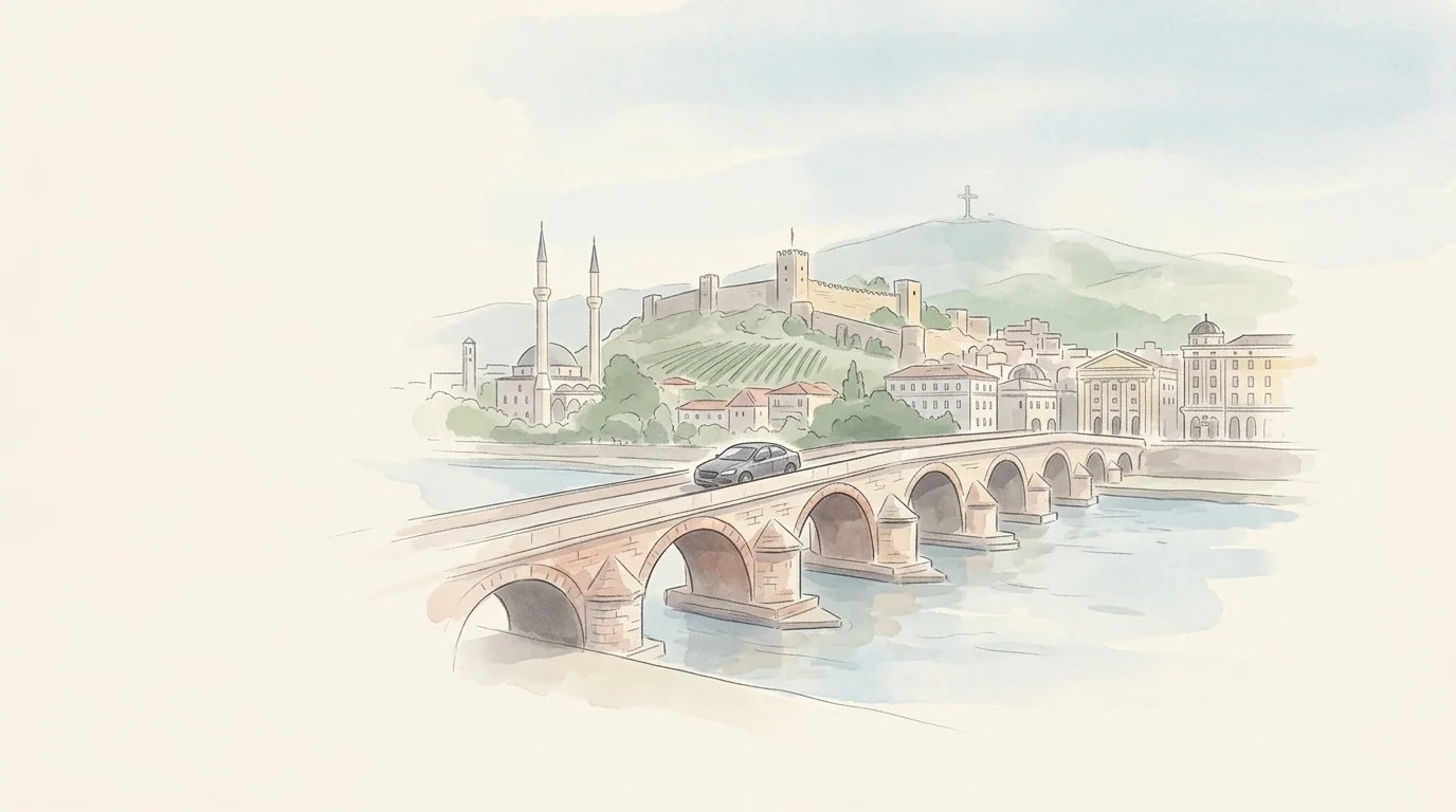 Watercolor illustration of Skopje and the Macedonian landscape — rent a car in Macedonia